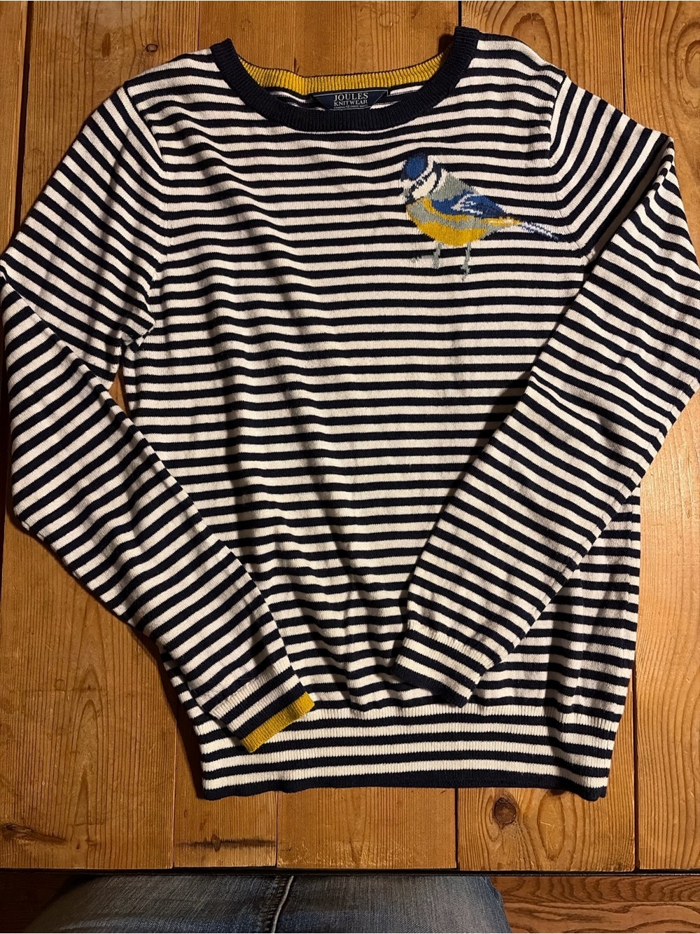 Joules Navy & White Striped Crew Sweater with Yellow Bird Detail